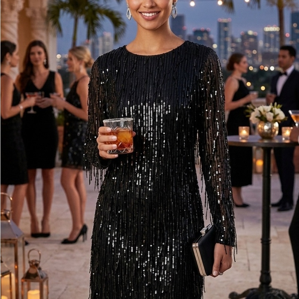 Absolutely Famous Longsleeve Black Sequin Dress NWT Medium - Picture 4 of 4